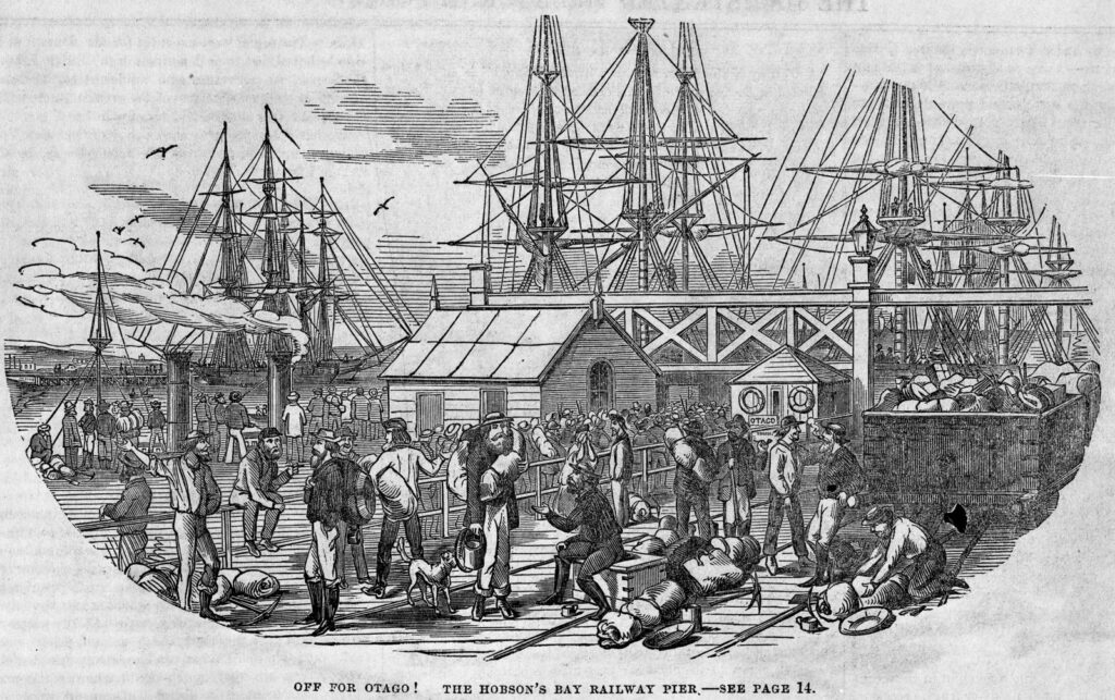 Wood engraving showing prospective gold miners waiting on the pier with sailing ships in the background