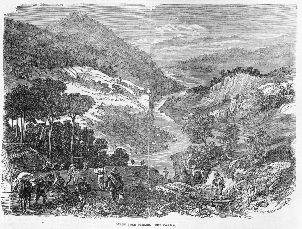 Wood engraving with prospective diggers in the foreground walking towards a rugged hilly landscape cut by a river in the centre